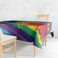Rainbow pride tablecloth edge view with bold multicolor stripes and colored pattern