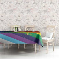 Rainbow pride tablecloth on dining table with diagonal stripe design and corner drape