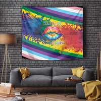 Rainbow pride tapestry with colorful lip print and 'SAME LOVE' and 'SAME RIGHTS' text