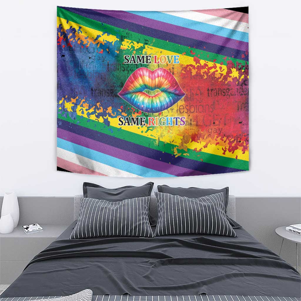 Rainbow pride wall tapestry with kiss lips graphic and 'SAME LOVE' and 'SAME RIGHTS' lettering