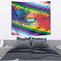 Rainbow pride wall tapestry with kiss lips graphic and 'SAME LOVE' and 'SAME RIGHTS' lettering