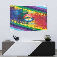 Rainbow pride tapestry featuring stylized kiss lips over rainbow stripes with 'SAME LOVE'/'SAME RIGHTS'