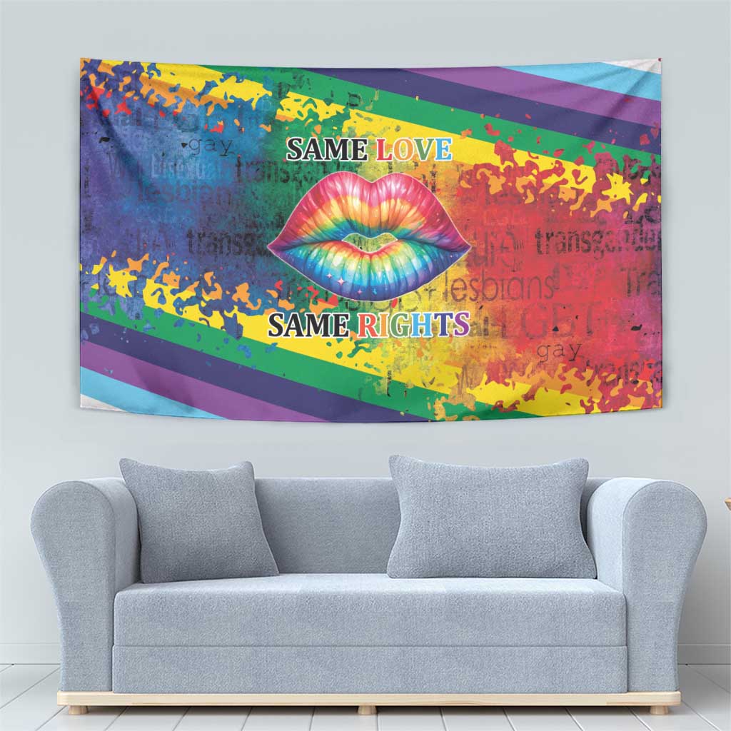 Rainbow-striped pride tapestry with large kiss lips illustration and 'SAME LOVE' 'SAME RIGHTS' titles