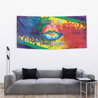 Rainbow pride wall tapestry with kiss lips artwork and bold 'SAME LOVE' and 'SAME RIGHTS' phrases