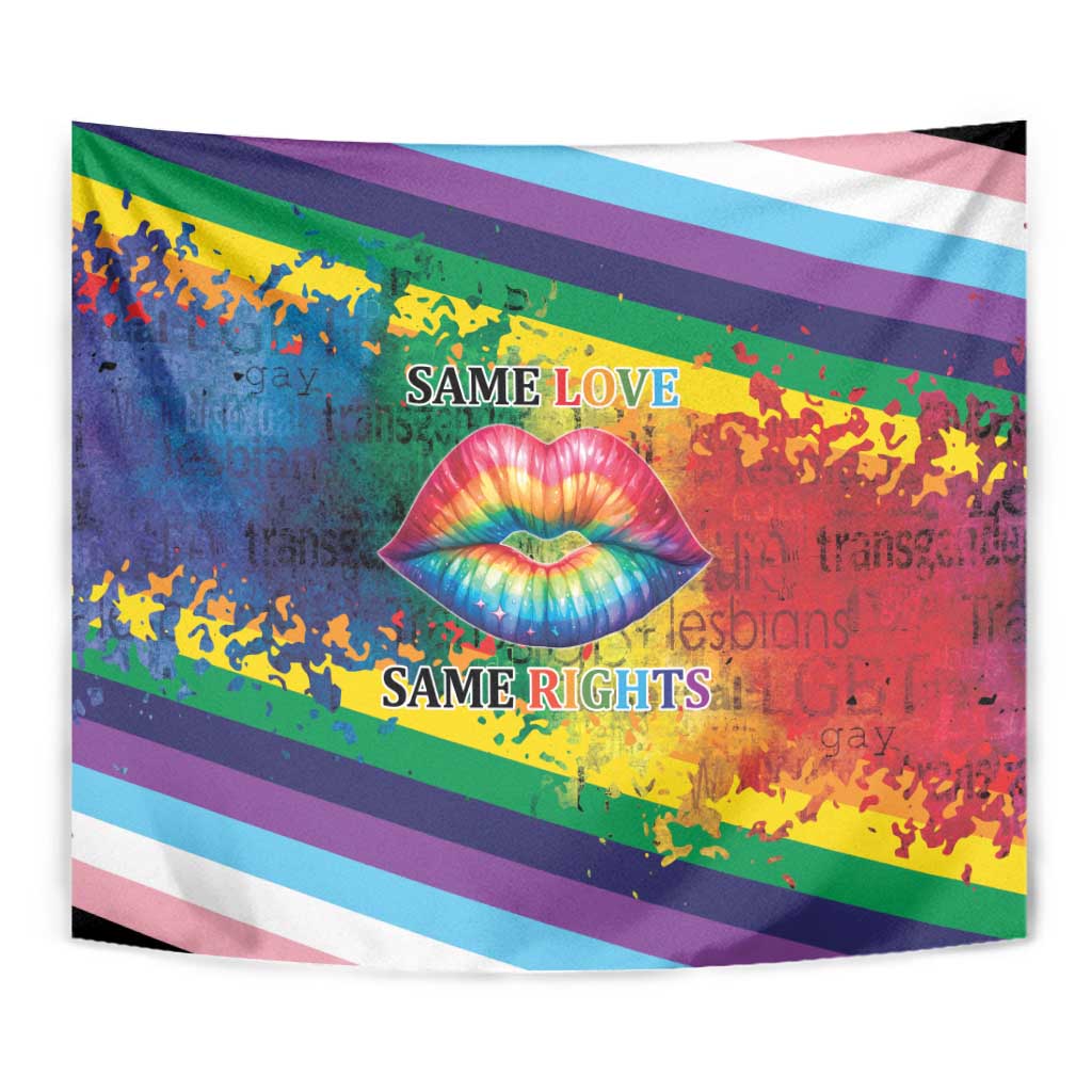 Rainbow pride tapestry with kiss lips center graphic and 'SAME LOVE'/'SAME RIGHTS' text