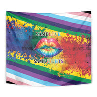 Rainbow pride tapestry with kiss lips center graphic and 'SAME LOVE'/'SAME RIGHTS' text