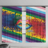 Rainbow window curtain pair with colorful striped design and kiss-lips graphic, 'Same Love' text