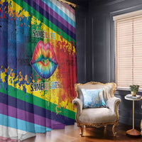 Rainbow window curtain panel with kiss-lips artwork and 'Same Rights' lettering over red, green, blue stripes