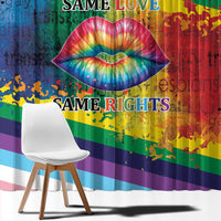 Rainbow window curtain close-up with large kiss-lips graphic and 'Same Love' and 'Same Rights' text