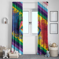 Rainbow window curtain pair with kiss-lips design and multicolor stripes, 'Same Love' and 'Same Rights'