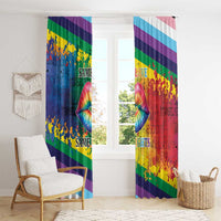 Rainbow striped window curtain pair featuring colorful kiss-lips art centered on each panel