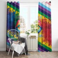 Rainbow window curtain pair with kiss-lips art and 'Same Rights' text along the vertical stripes