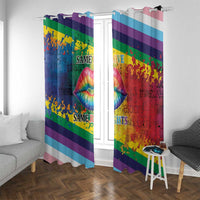 Rainbow window curtain pair with vertical stripes and kiss-lips graphic, 'Same Love' on one panel