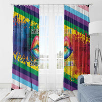 Rainbow window curtain pair with folded top, kiss-lips artwork, and 'Same Rights' text along stripes