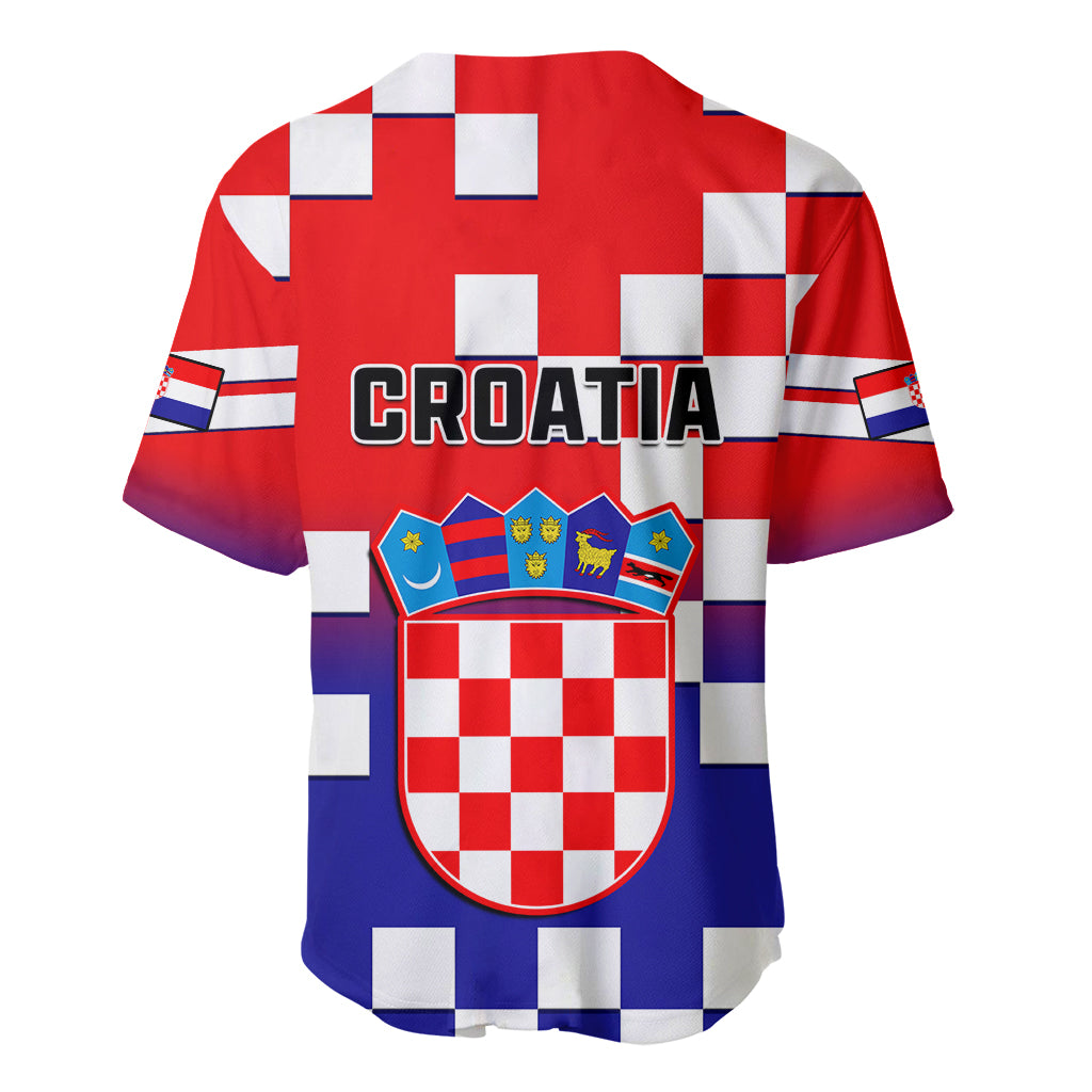 Croatia checkerboard baseball jersey with 'CROATIA' and crest on red-blue gradient
