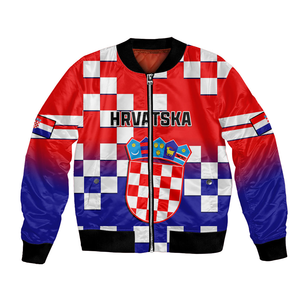 Red and blue checkerboard bomber jacket with crest, zipper front, ribbed cuffs