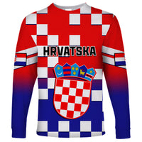Long-sleeve red-to-blue shirt with checkerboard blocks and HRVATSKA graphic crest