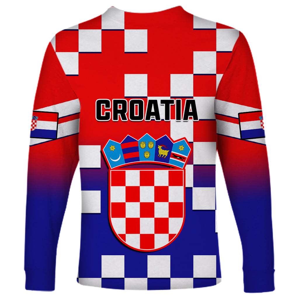 Long-sleeve red-to-blue shirt with checkerboard blocks and CROATIA graphic crest