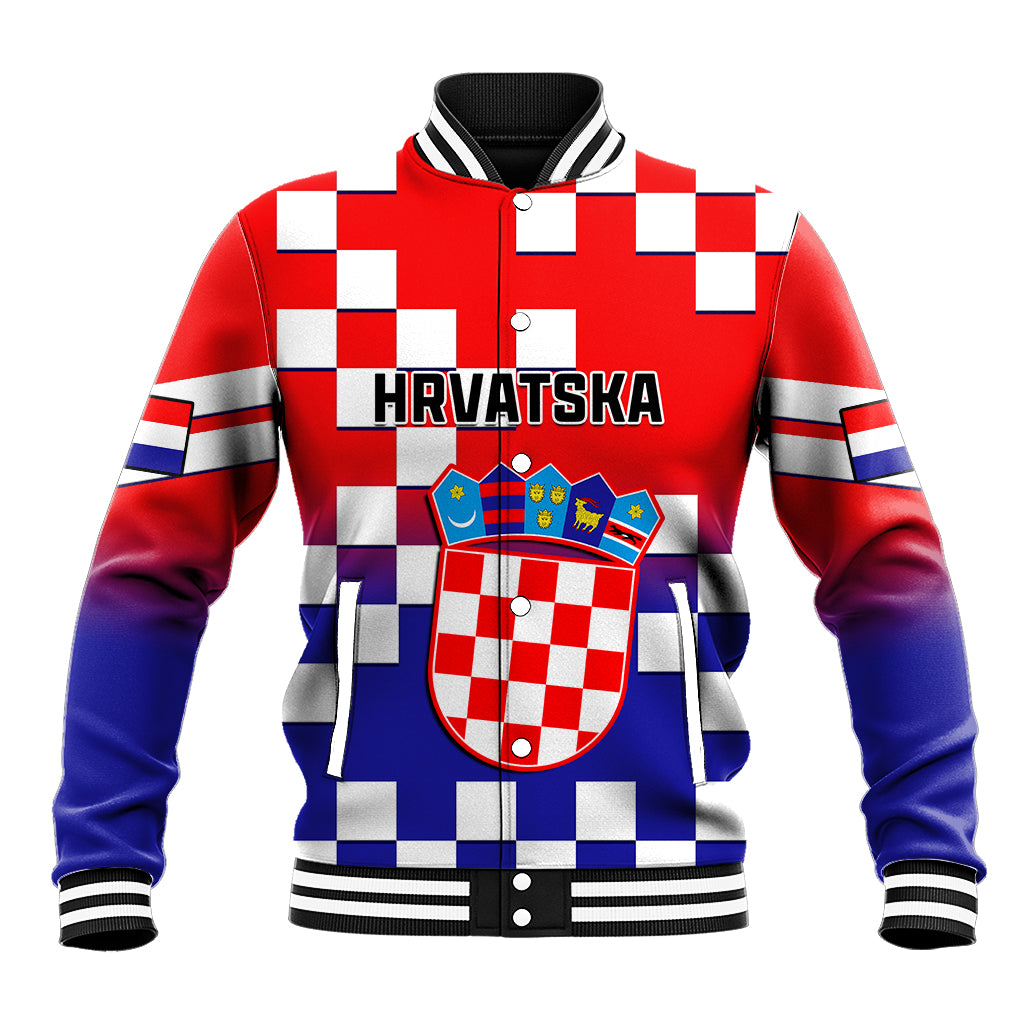 Red and blue checkerboard baseball jacket with Croatian crest and HRVATSKA text