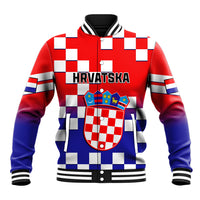 Red and blue checkerboard baseball jacket with Croatian crest and HRVATSKA text