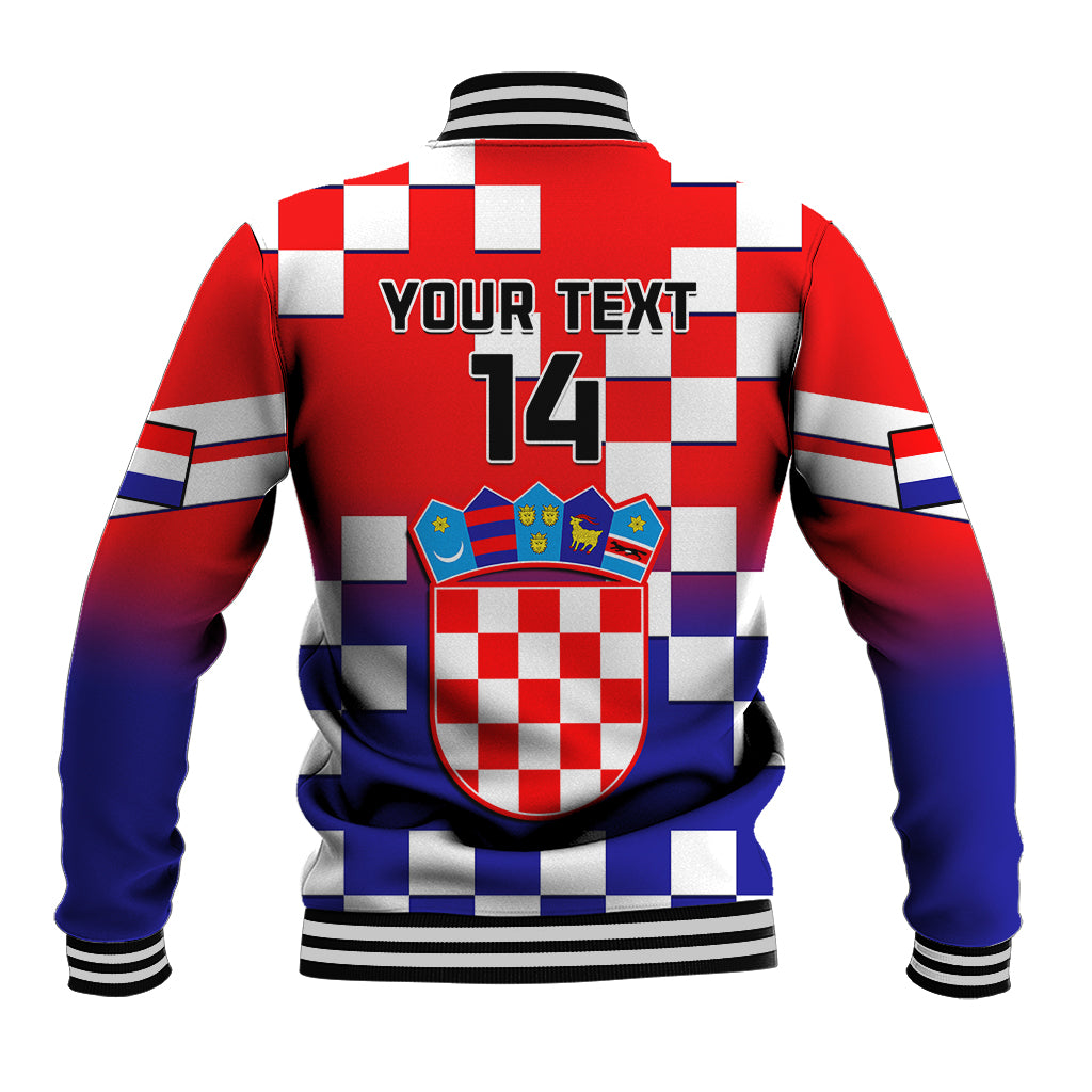Back view red and blue checkerboard baseball jacket with YOUR TEXT 14 and crest