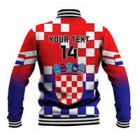 Back view red and blue checkerboard baseball jacket with YOUR TEXT 14 and crest