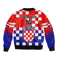 Red/blue checkerboard bomber jacket with zip, black ribbed cuffs, crest with YOUR TEXT and 14