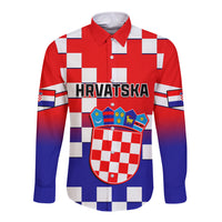 Long sleeve button shirt with checkerboard gradient, crest, and HRVATSKA text