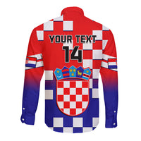 Long sleeve button shirt with checkerboard gradient back, YOUR TEXT, 14, and crest