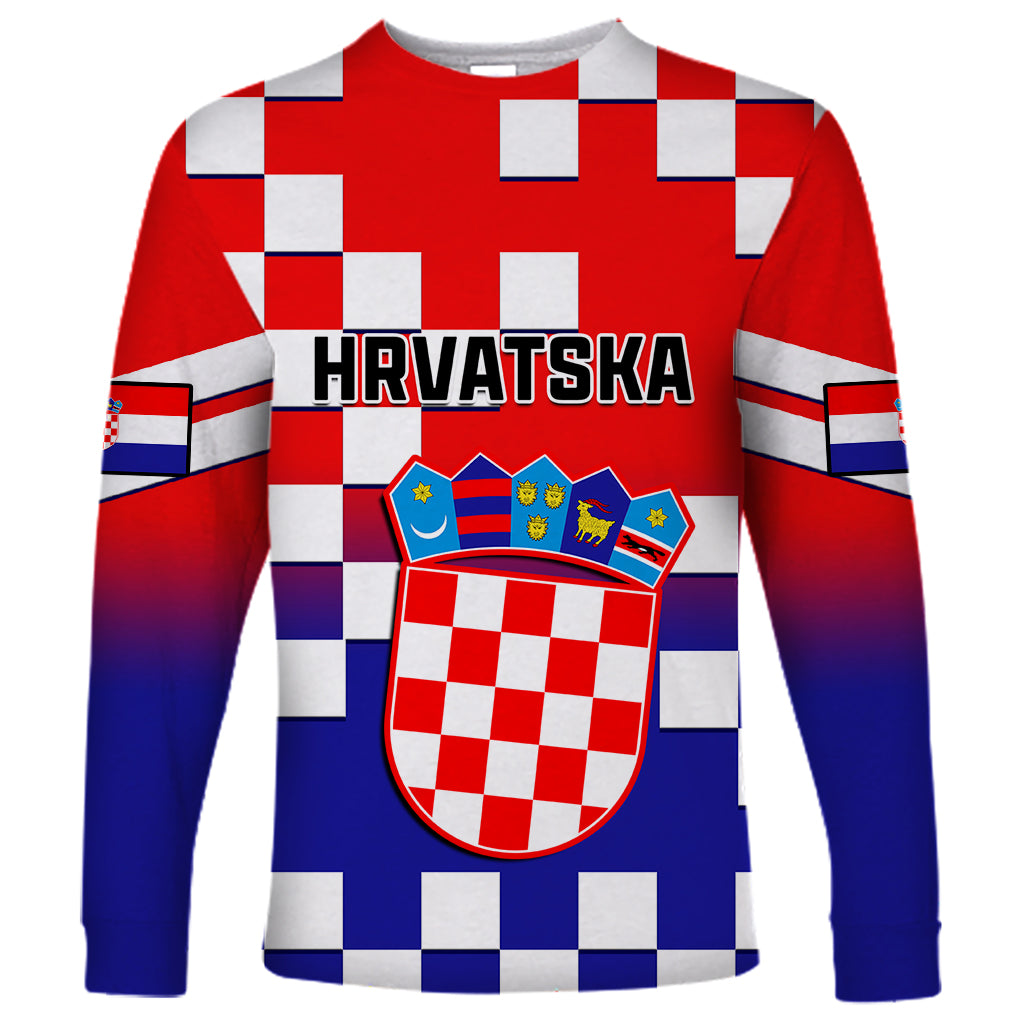 Long sleeve red and blue checkerboard gradient shirt with Hrvatska crest and text