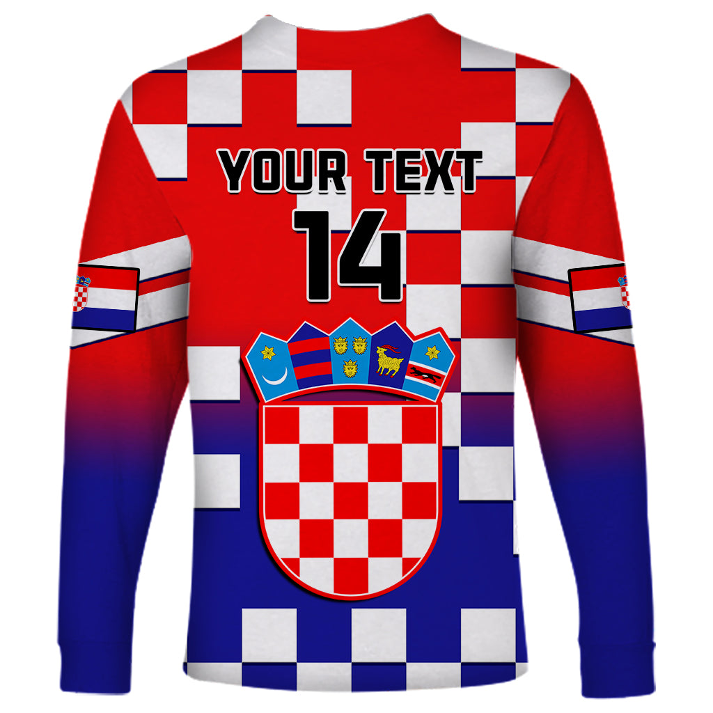 Long sleeve red and blue checkerboard gradient shirt with crest, Your Text 14