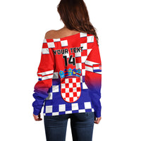 Off-shoulder sweater back shows 'YOUR TEXT' and '14' with Croatian checkerboard crest.