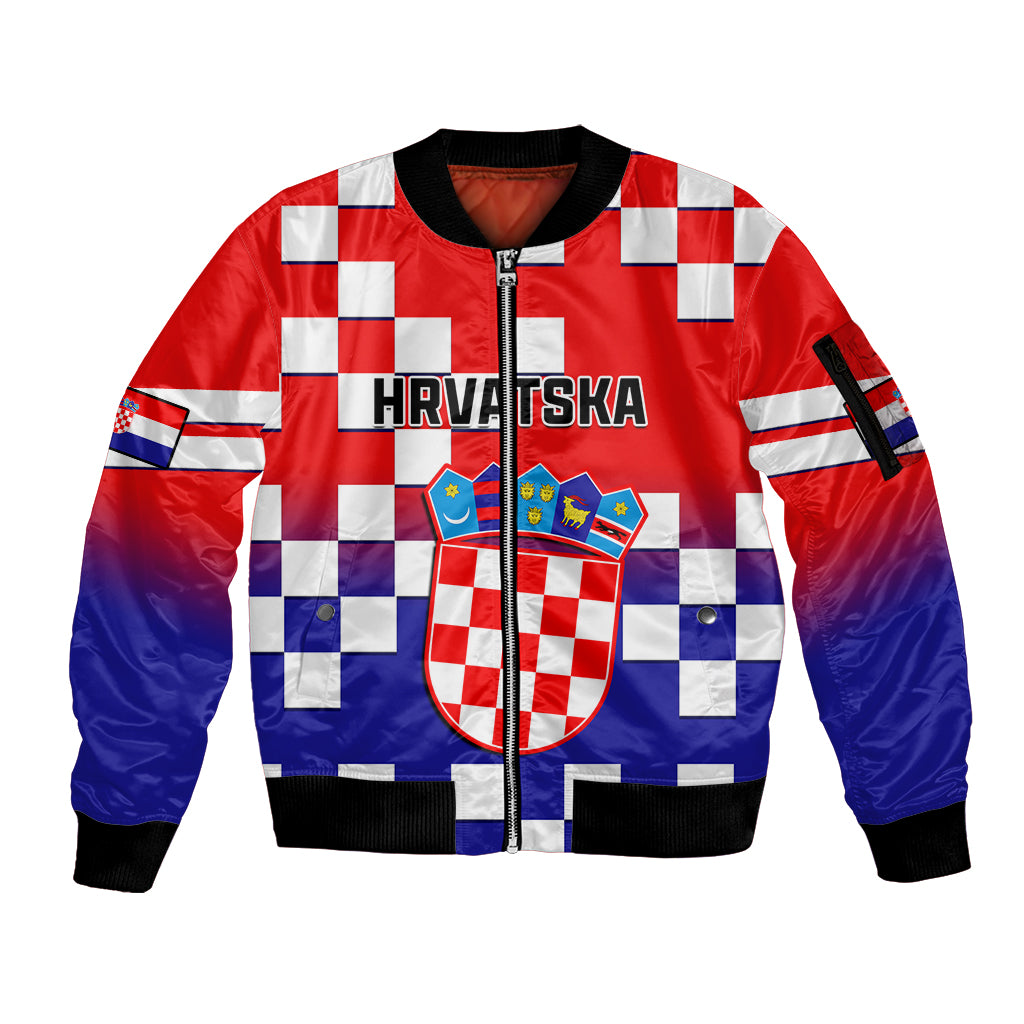 Personalised Croatia Sleeve Zip Bomber Jacket Hrvatska Checkerboard Gradient Style - Wonder Print Shop