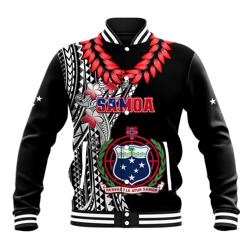 Black varsity baseball jacket with red feather graphics, white patterns, ribbed striped trim