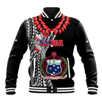 Black varsity baseball jacket with red feather graphics, white patterns, ribbed striped trim