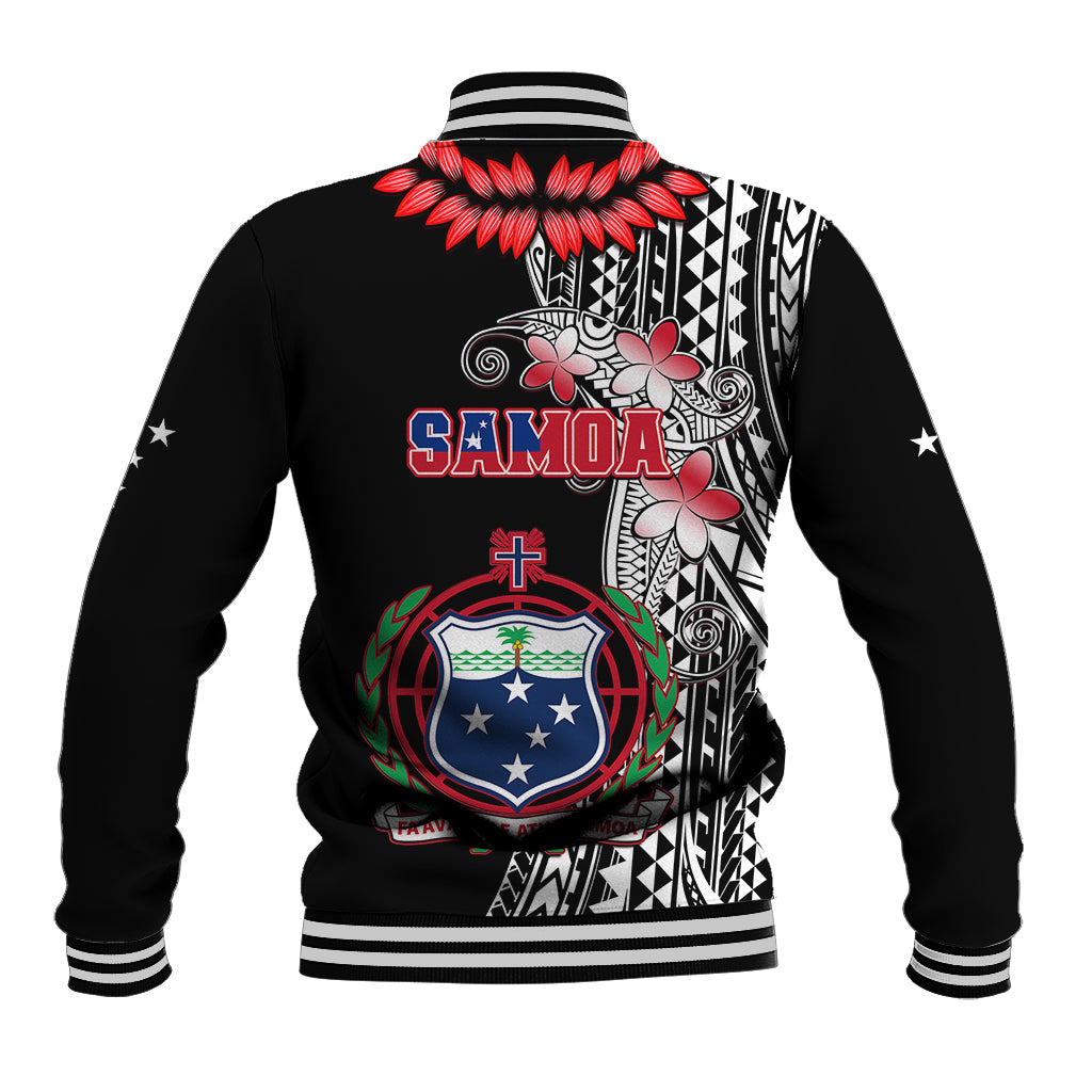 Black baseball jacket back graphic with red flowers, 'SAMOA' text, ribbed striped collar and hem