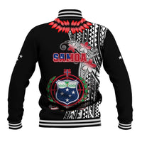 Black baseball jacket back graphic with red flowers, 'SAMOA' text, ribbed striped collar and hem
