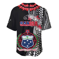 Black baseball jersey with Samoa wordmark, red floral collar, and tribal back print.