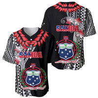 Black baseball jersey shown front and back with Samoa crest and red flower trim.