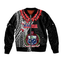 Black unisex bomber jacket with full-zip front and large Samoan graphic patch design