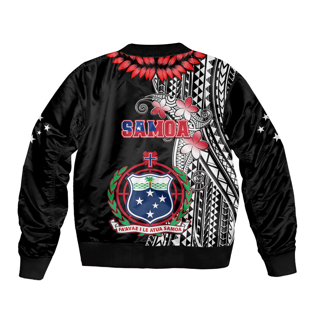 Black bomber jacket with ribbed cuffs and back Samoan crest graphic, red feather accents