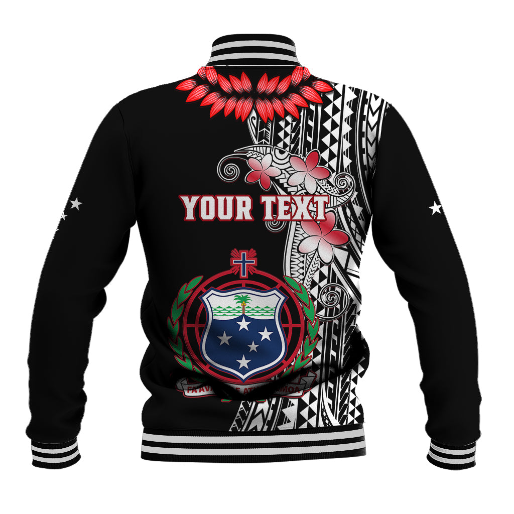 Black varsity baseball jacket back with tribal pattern, red flowers, and crest