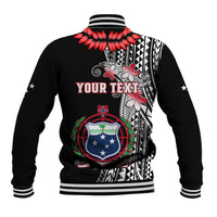 Black varsity baseball jacket back with tribal pattern, red flowers, and crest
