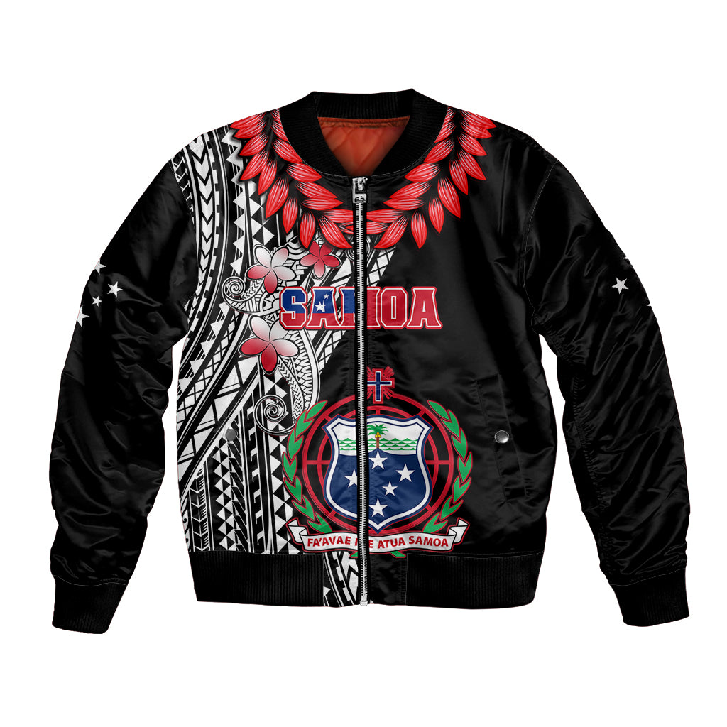 Black bomber jacket with front zip, Samoan tribal crest and red/white floral graphics