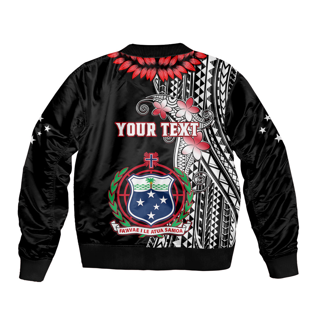 Black bomber jacket back with crest emblem, red/white tribal floral print, text area
