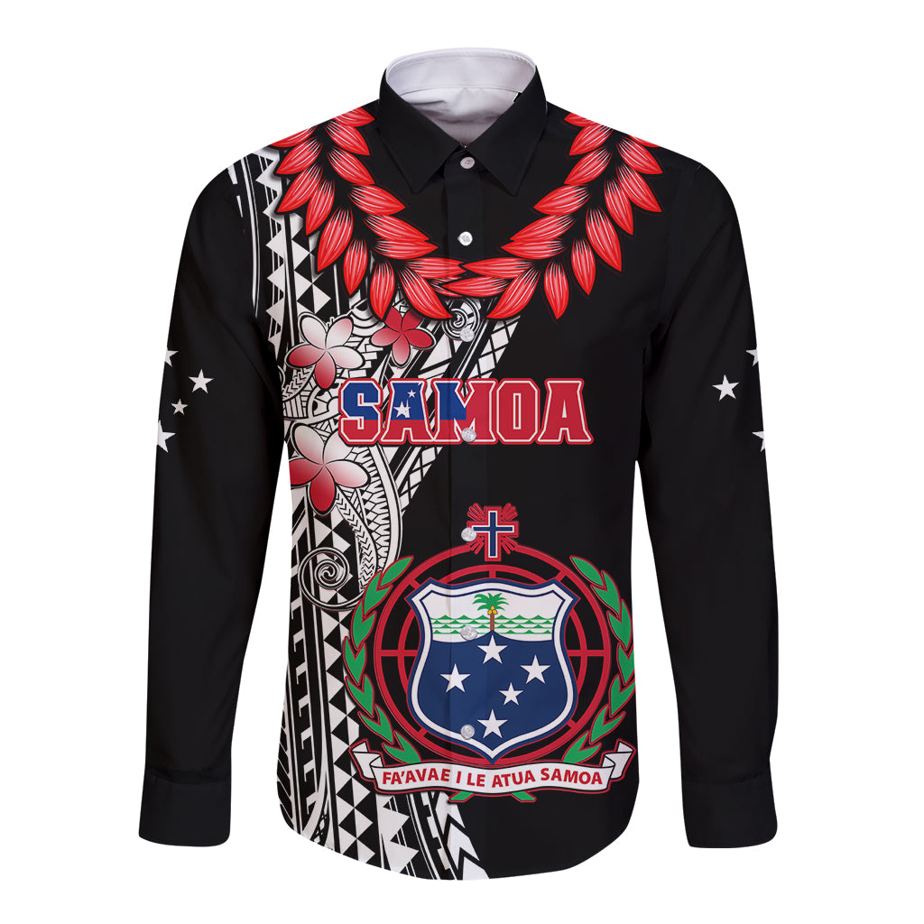 Black long sleeve button shirt with red tribal Samoa crest and leaf graphic