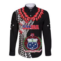 Black long sleeve button shirt with red tribal Samoa crest and leaf graphic