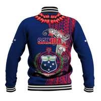 Blue baseball jacket back with ribbed striped collar, Samoa lettering, and tribal floral/crest art