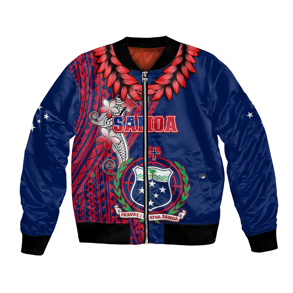 Unisex blue bomber jacket with front zipper and Samoan tribal floral graphic