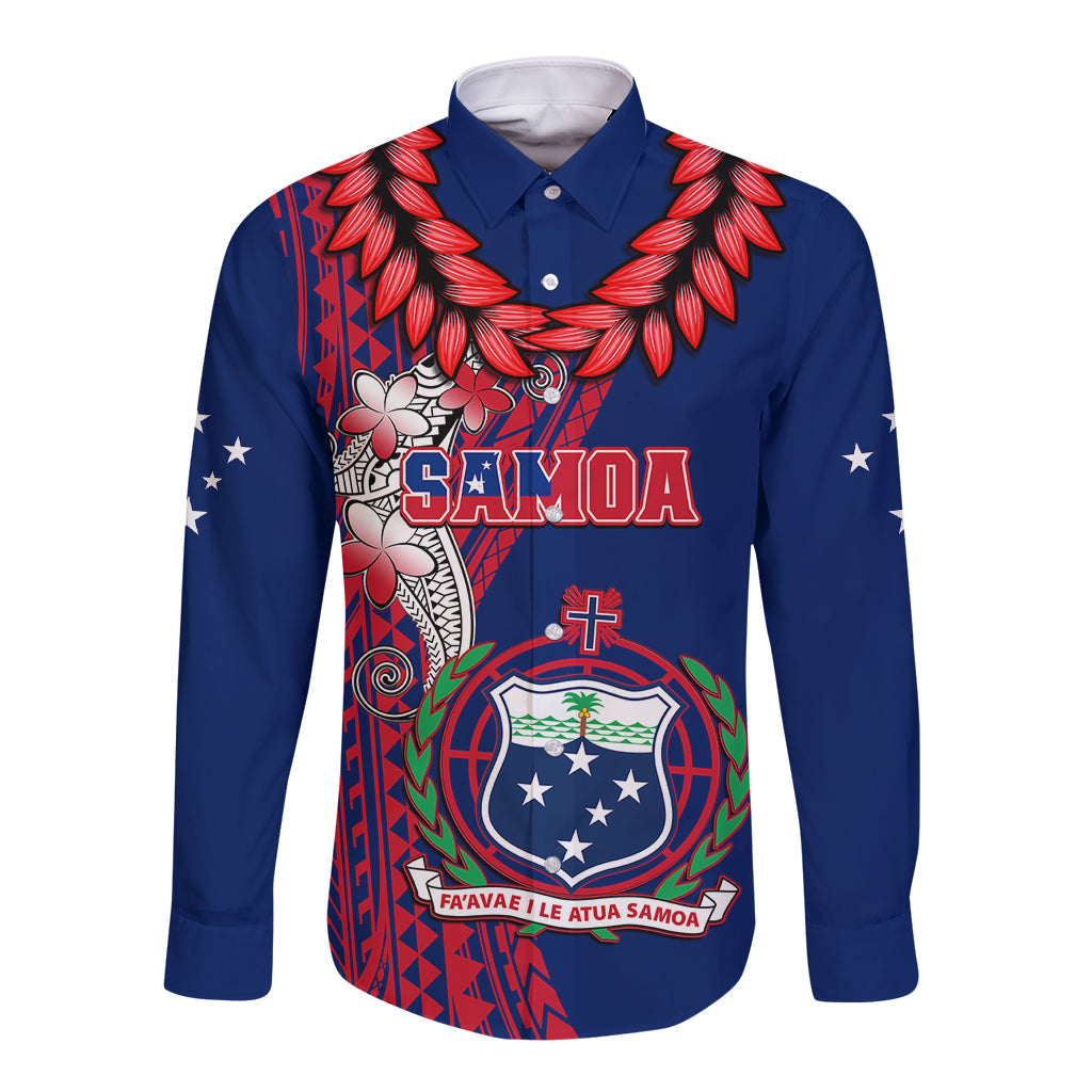 Unisex blue long-sleeve button shirt with Samoa crest and red tribal floral print